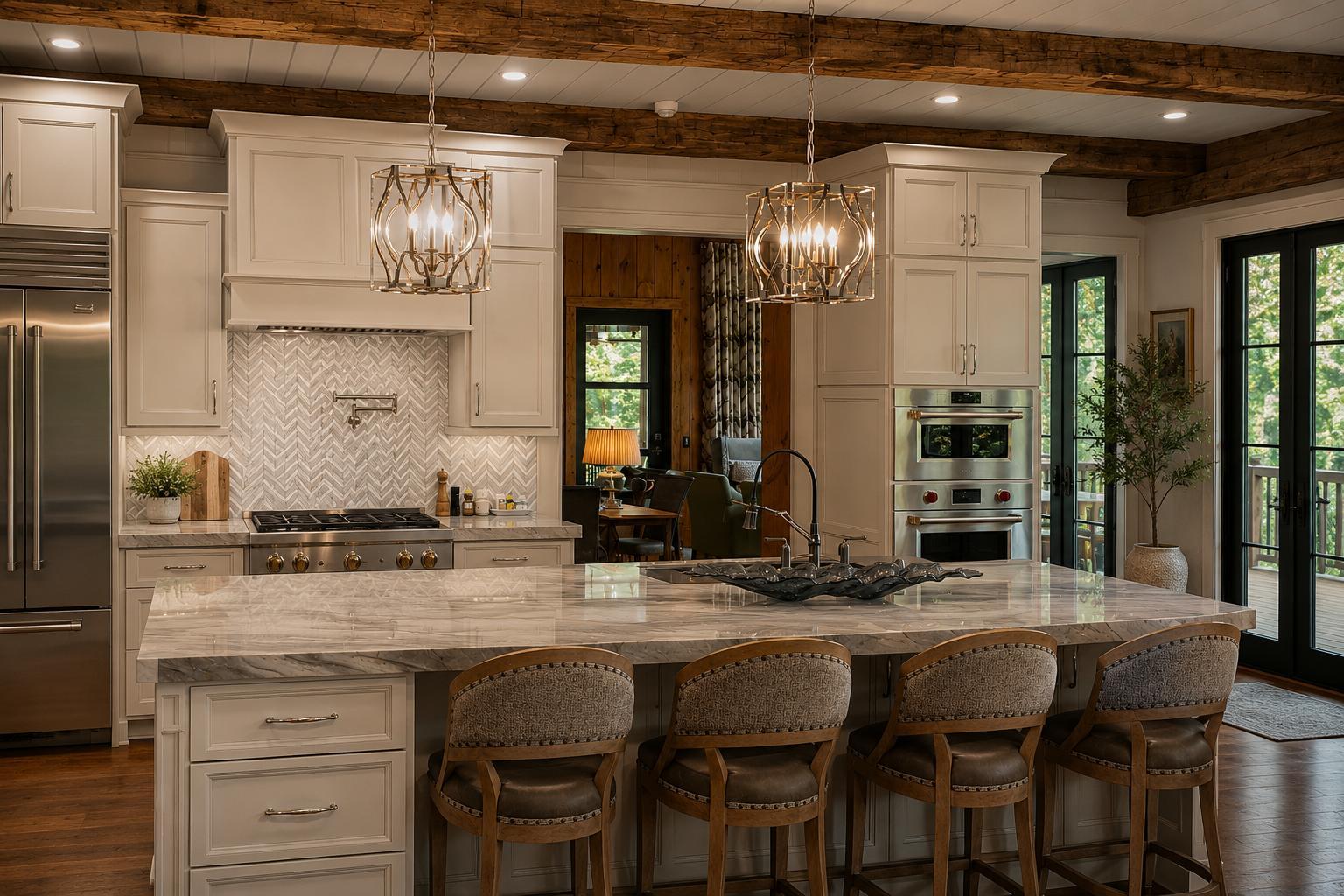 Renovated kitchen with exposed reclaimed ceiling beams, cream inset cabinetry and a marble-topped island.